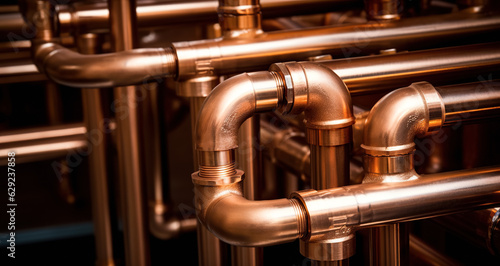 Plumbing service. copper pipeline of a heating system in boiler room. Plumbing, fixing pipes and fittings for connection of water or gas systems
