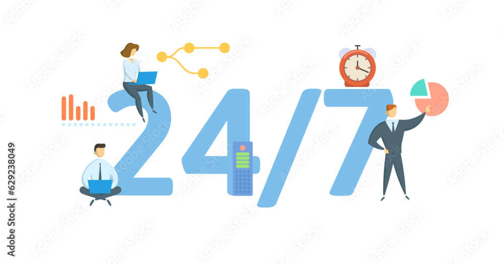 24 by 7. Concept with keyword, people and icons. Flat vector illustration. Isolated on white. 24 by 7. Concept with keyword, people and icons. Flat vector illustration. Isolated on white.