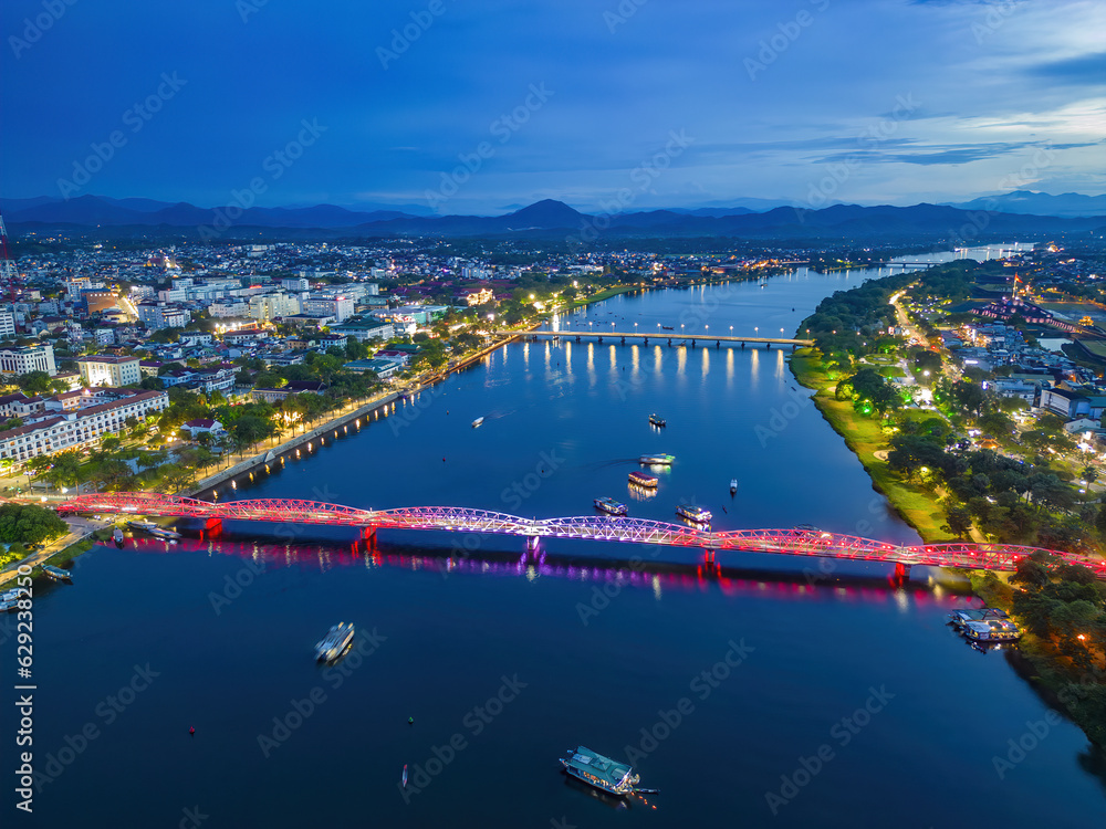 aerial view of Hue city with Truong Tien bridge which is a very famous destination of Vietnam