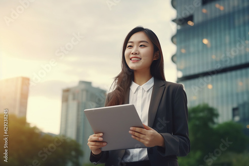 Smiling young Asian business woman leader entrepreneur, professional manager holding digital tablet computer generative ai