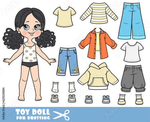 Cartoon girl with black ponytails hairstyle  and clothes separately - shirt, jeans and boots doll for dressing