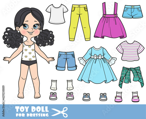 Cartoon girl with black ponytails hairstyle  and clothes separately - dress, jeans and boots doll for dressing