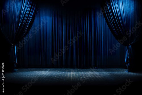 Empty theater stage with blue velvet curtains. luxurious blue stage curtain