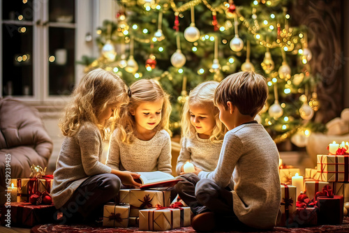 Children sit in front of the Christmas tree in the living room and read a book over wrapped presents, made with generative ai