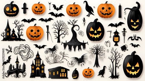 Collection of halloween silhouettes icons and characters, bat, witch, pumpkins, haunted house, trees © Pana