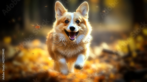 Frontal shot of a running little dog, similar to a corgi, in a blurred autumnal background, made with generative ai © Frank