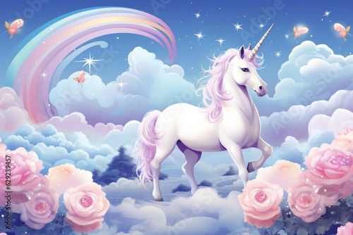 Illustration of a majestic unicorn standing in the ethereal clouds created with Generative AI technology