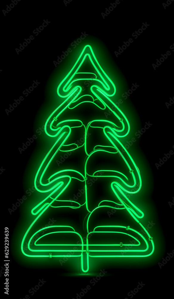 Neon Christmas tree on a black background, glowing icon in green colors. Generative AI. Neon Christmas tree on a black background, glowing icon in green colors. Generative AI.