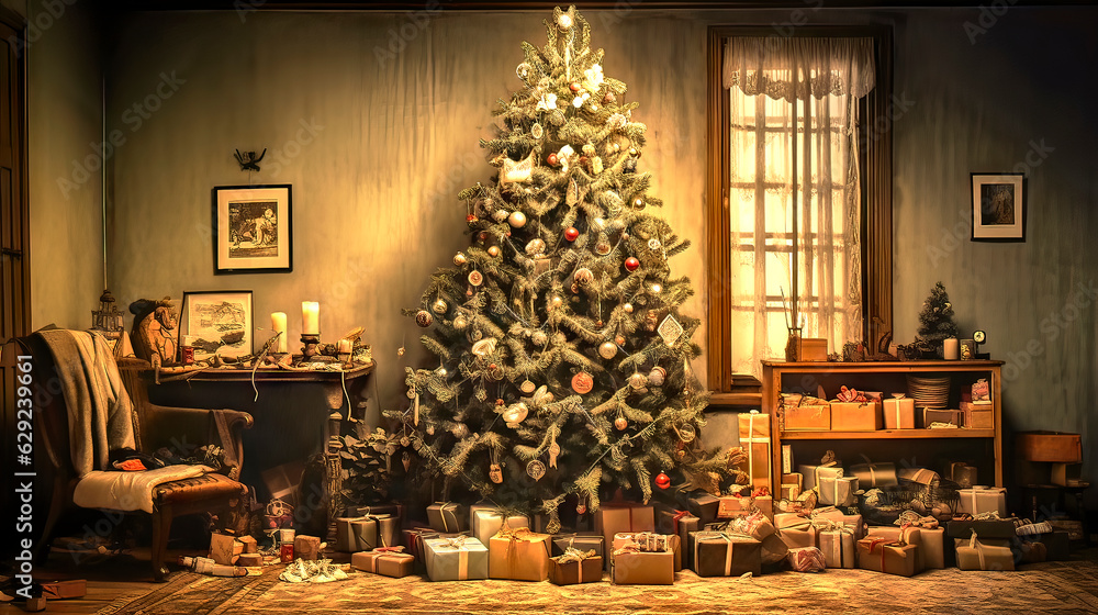 Obraz premium Nostalgic living rooms with a decorated Christmas tree and lots of wrapped gifts, made with generative ai