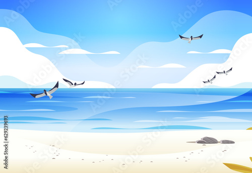 seagulls flying over sea beach seaside view ocean holiday travel concept horizontal