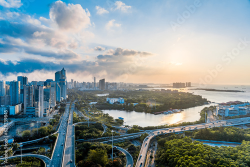 Aerial photography of Haikou International Trade CBD and Binhai Interchange in Hainan, China #629239845