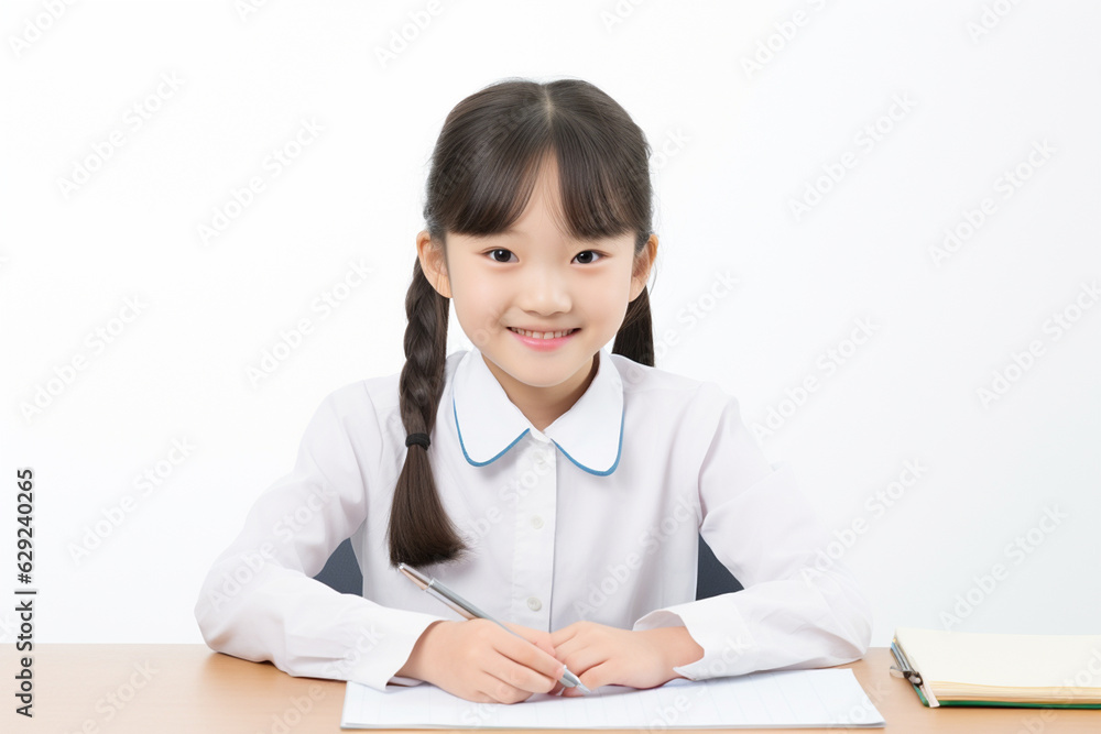A happy Japanese schoolgirl is sitting at the desk doing homework, white background. school. back to school. classes. AI generated image A happy Japanese schoolgirl is sitting at the desk doing homework, white background. school. back to school. classes. AI generated image