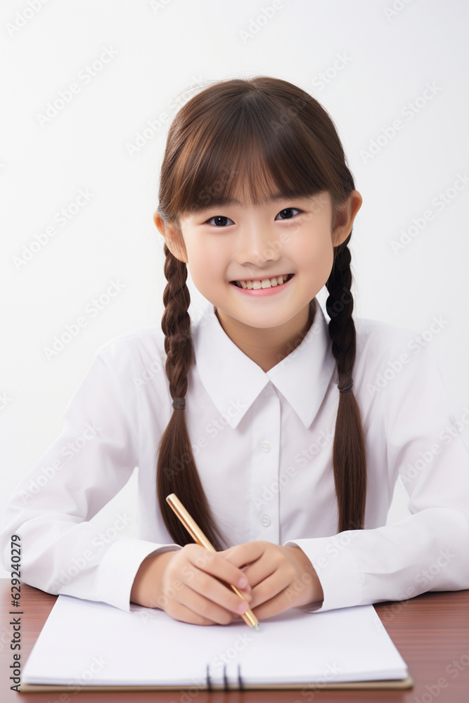 A happy Japanese schoolgirl is sitting at the desk doing homework, white background. school. back to school. classes. AI generated image