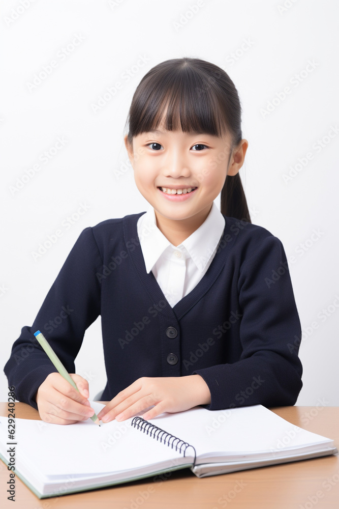 A happy Japanese schoolgirl is sitting at the desk doing homework, white background. school. back to school. classes. AI generated image A happy Japanese schoolgirl is sitting at the desk doing homework, white background. school. back to school. classes. AI generated image
