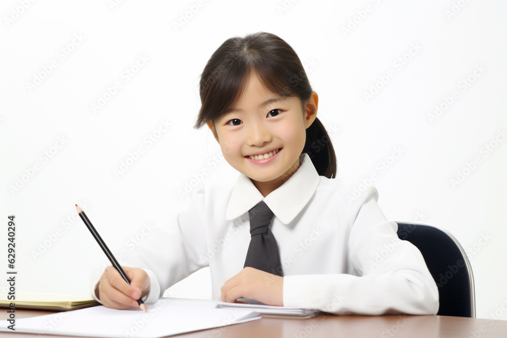 A happy Japanese schoolgirl is sitting at the desk doing homework, white background. school. back to school. classes. AI generated image A happy Japanese schoolgirl is sitting at the desk doing homework, white background. school. back to school. classes. AI generated image