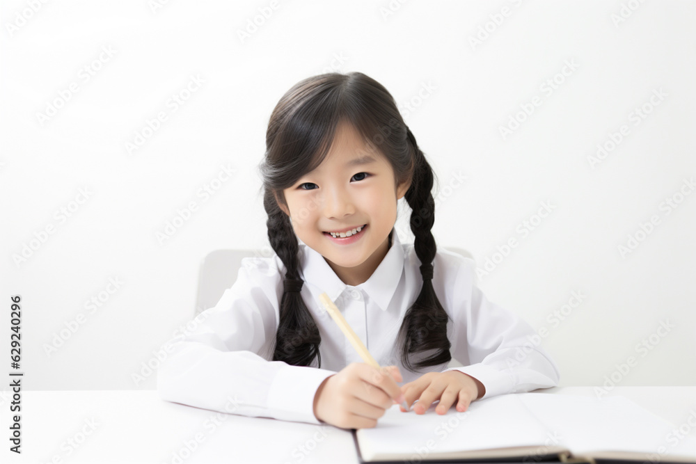 A happy Japanese schoolgirl is sitting at the desk doing homework, white background. school. back to school. classes. AI generated image A happy Japanese schoolgirl is sitting at the desk doing homework, white background. school. back to school. classes. AI generated image