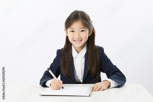 A happy Japanese schoolgirl is sitting at the desk doing homework, white background. school. back to school. classes. AI generated image