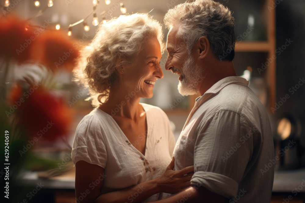 Happy elderly couple spending time together in kitchen. Romantic feelings in old age. Husband and wife are hugging and smiling