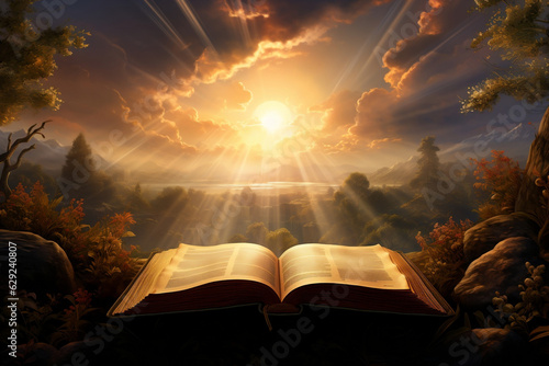 Divine Enlightenment: Open Bible in Paradise Landscape with Sun Rays photo