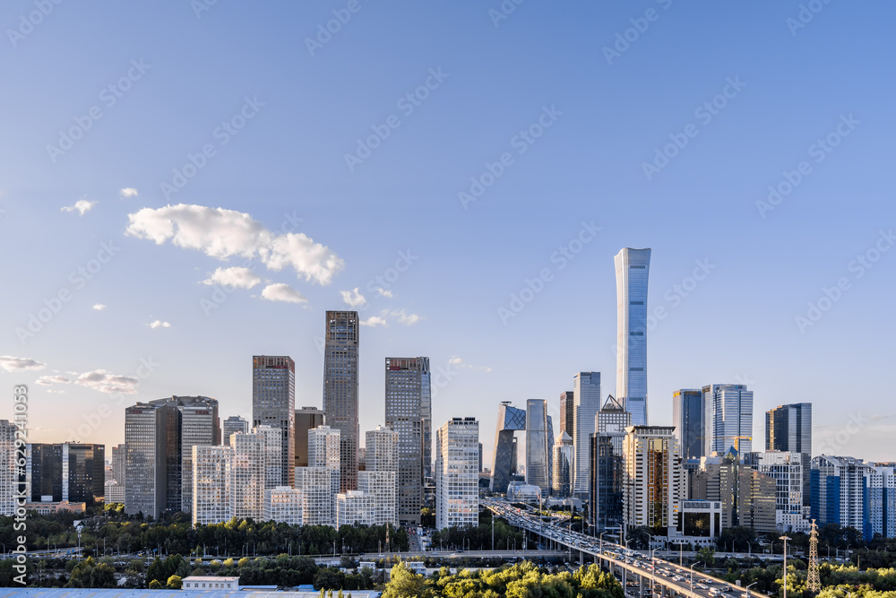 High View Panoramic Sunny Scenery of the CBD Urban Skyline in Beijing, China