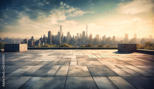 cityscape of a city and skyline in front of an empty concrete patio