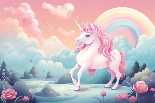 Illustration of a vibrant pink unicorn standing gracefully in a lush green field created with Generative AI technology