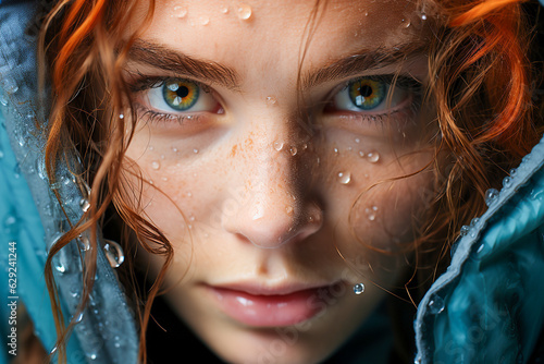 Extreme close up portrait of a woman with icy blue eyes