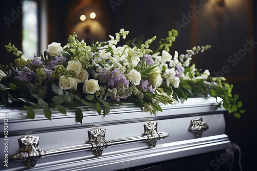 Elegant floral arrangement adorning a white morgue coffin photo