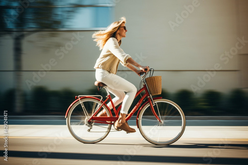 Side view of a young blond woman riding a bike © michaelheim