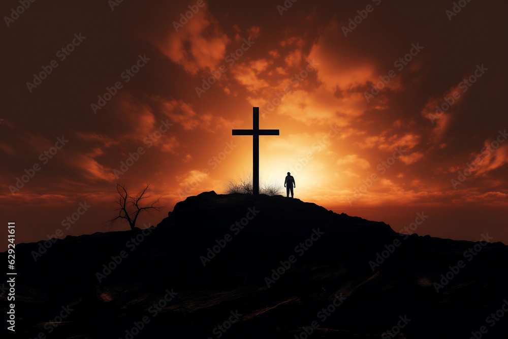 Solitude in Serenity: Silhouette of a Man with Cross atop a Hill