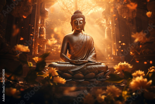Enlightened Buddha statue bathed in golden sunbeams