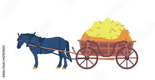 Rustic Horse Cart Loaded With Hay Isolated On White Background. Horse-drawn Vehicle Used For Transporting Goods