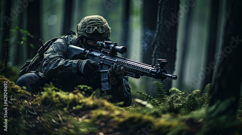 Special forses forest ambush. Military shooter aiming at the enemy during an operation in a forest area.