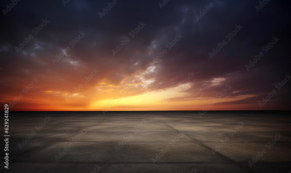 Dark floor background with beautiful sunset cloud night sky horizon, the vacant marble mosaic square. High quality photo