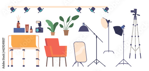 Set Of Photography Studio Equipment Includes Cameras, Lights, Tripods, Reflectors, And Backdrops, Vector Illustration