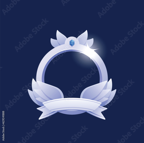 Game Rank Frame, Level Ui Icon, Empty Silver Or Steel Avatar Badge, Banner With Laurel Wreath, Vector Illustration