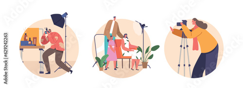 Isolated Round Icons Or Avatars Of Photographer Capture Images Of Family And Cosmetic Products In Photo Studio