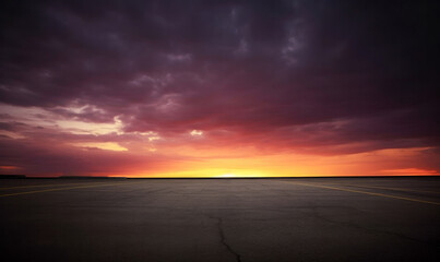 Fotobehang Cappuccinokleur Dark floor background with sunset clouds and the night sky in the distance large asphalt road. High quality photo  © oksa_studio