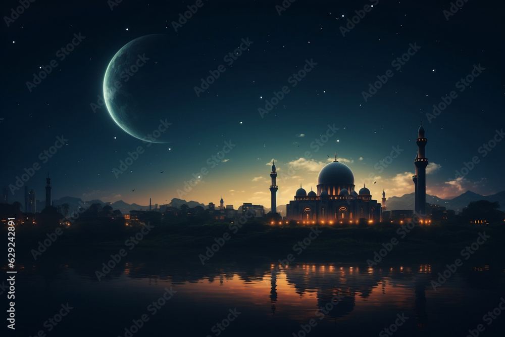 Ramadan Night: Mosque and Crescent Moon Celebrate