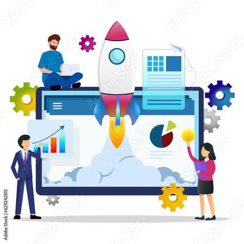Startup project development team - V3. Team Building. Team Development Business Rocket Infographic. Vector Design.