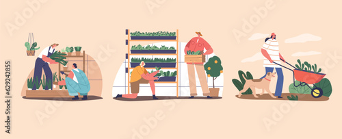 Gardener Characters Caring For Lush Greens In A Greenhouse  People Nurture Various Plants In A Controlled Environment