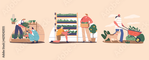 Gardener Characters Caring For Lush Greens In A Greenhouse, People Nurture Various Plants In A Controlled Environment