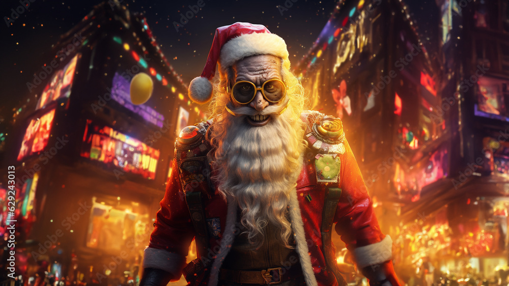 Santa Claus als böser Rocker mit Brille und aggressiven Gesichtsausdruck, ai generativ Santa Claus als böser Rocker mit Brille und aggressiven Gesichtsausdruck, ai generativ