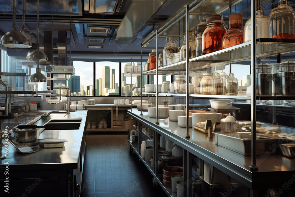 Design a modern and organized restaurant kitchen, with labeled ingredient jars, hanging utensils, and gleaming pots, reflecting a seamless workflow and attention to detail.