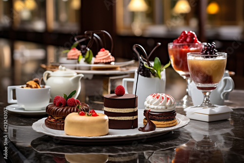 Craft an elegant dessert display in the restaurant kitchen  with a selection of delectable treats and pastries artfully arranged  enticing guests to indulge their sweet cravings.  Generative AI
