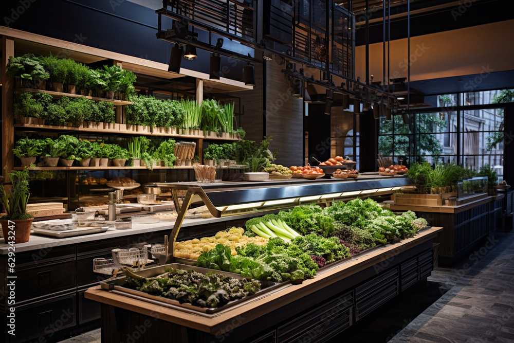 Craft a visually stunning showcase of fresh produce and ingredients, reflecting the commitment to quality and farm-to-table values in the restaurant's kitchen.