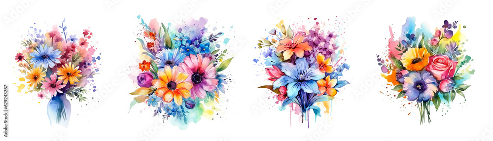Watercolor flowers bouquet set. Generative AI