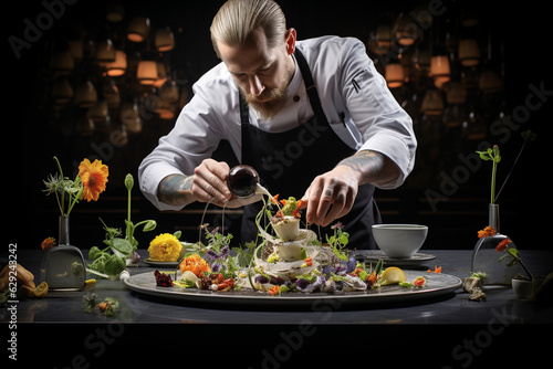 Create a visually captivating scene of a chef plating a dish, with a meticulous arrangement of ingredients, displaying the kitchen's dedication to culinary finesse." Generative AI