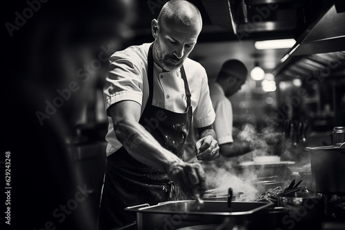 Craft a series of black-and-white photographs capturing the intensity and focus of chefs at work in the kitchen  encapsulating the dedication and discipline of their craft.  Generative AI
