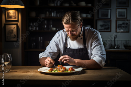 Craft an intimate portrait of a head chef tasting a dish before it leaves the kitchen, illustrating the unwavering commitment to excellence and quality." Generative AI